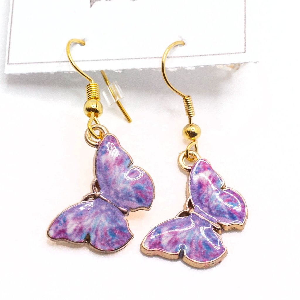 Handmade Multi-Colored Purple Butterflies Dangle Goldtone Earrings, New
